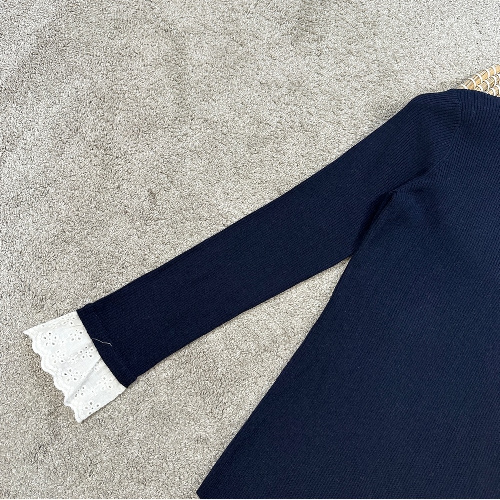 SOLD | Tuckernuck Women’s Wool Blend Navy Rosemary Eyelet Knit Top Sweater M - Picture 6 of 14